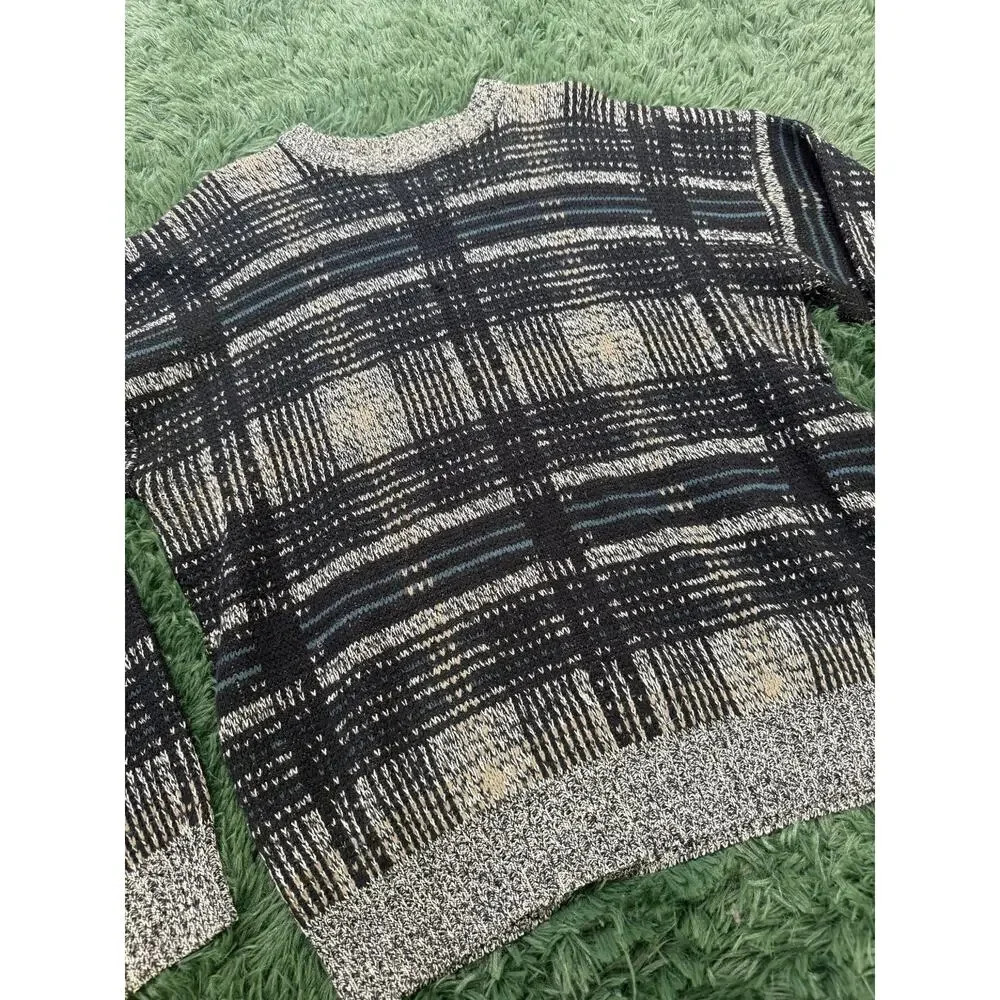 David Taylor VTG Men's Large Plaid Acrylic Knit Sweater Black White Blue Crew